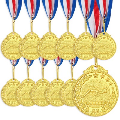 Maplefield 12  Pack Swimming Medals with Ribbons for All Ages, Gold Medals for Awards, 2 Inch Diameter with 15 Inch Ribbon Loop