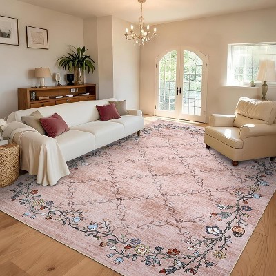 8x10 Pink Floral Rug, Machine Washable Area Rug with Non-Slip Backing, Low Pile Carpet for Living Room Bedroom Modern Farmhouse Style