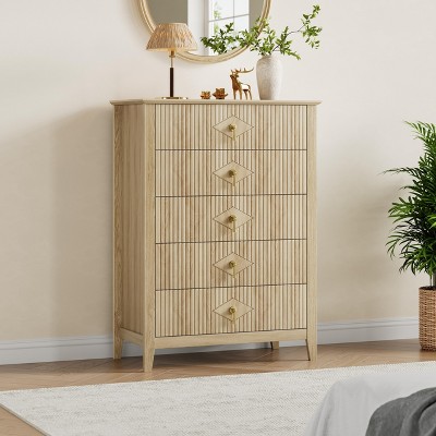 Fluted 5 Drawer Dresser for Bedroom, 42.9 Inch Tall Modern Nightstand Wooden Chest of Drawers with Gold Handles
