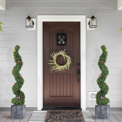 Set of 2 – 5ft Artificial Boxwood Spiral Topiary Trees with Insect Decorations – UV-Resistant Evergreen Faux Plants for Indoor & Outdoor Decor
