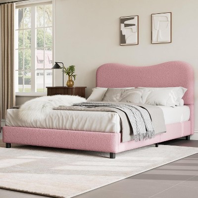 Boucle Upholstered Bed Frame with Soft Headboard, Low Profile Platform Bed with Rounded Corners & Wooden Slats