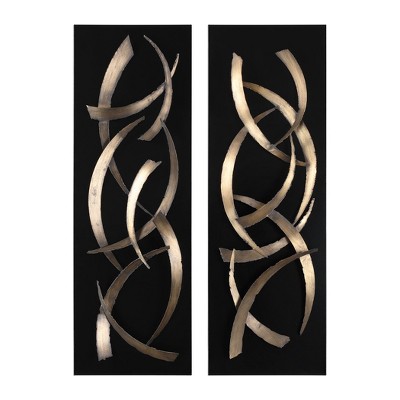 Uttermost Brushstrokes Metal Wall Art Set/2 – Brushed Gold Layered Sheet Metal, Matte Black Plaque, 46.75" H x 15.75" W