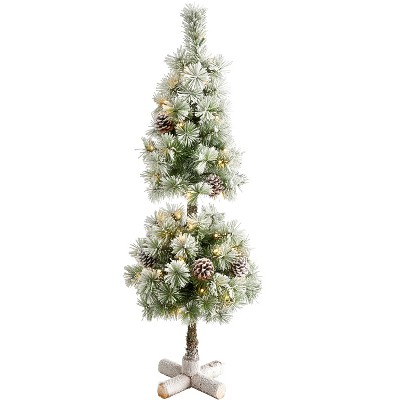 Nearly Natural 3-ft Flocked Artificial Christmas Tree Topiary with 50 Warm White LED Lights and Pine Cones