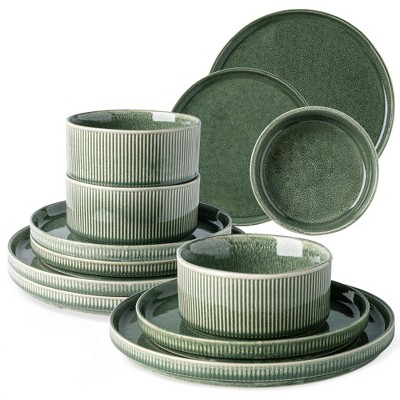 Itopfox Stoneware Dinnerware Set for 4, Round Reactive Glaze Ceramic Plates & Bowls, Scratch Resistant, Dishwasher & Microwave Safe, 12-Piece Set
