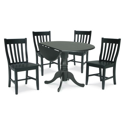 International Concepts Set of 5 42" Dual Table with 4 Schoolhouse Chairs Dining Sets Black: Hardwood, Pedestal Base, Round Shape