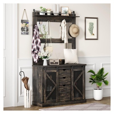 Hall Tree - 5 - in - 1 Multifunctional Unit with Shoe Storage, Adjustable Side Stand, Coat Rack & Dressing Table
