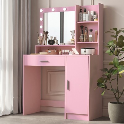 Vanity Desk Modern with LED Mirror and Storage Cabinet for Bedroom Makeup 35.4in -3irtyhousy