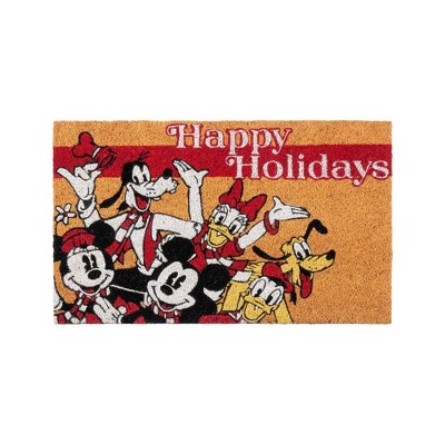 Disney 1'5"x2'5" Mickey and Friends Happy Holidays Coir Doormat Natural: Christmas Indoor Outdoor Medium Pile Rug