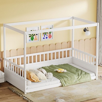 CAVINAS Twin Size Canopy Platform Bed with Guardrails for Kids,Modern Floor Bed with 3-sided Fence Design for Bedroom,Box Spring Required,White/Brown