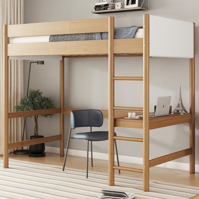 YOOCOZZ Twin Size Rubber Wood Loft Bed with Desk,Upholstered Headboard,Footboard and Ladder, Safety Guardrails-Natural