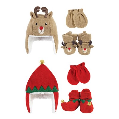 Hudson Baby Trapper Hat, Mitten and Bootie 6pc Set, Red Elf Reindeer
