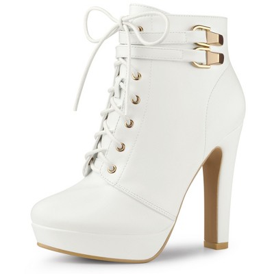 Allegra K Women's Lace Up Round Toe Platform Block Heels Ankle Boots