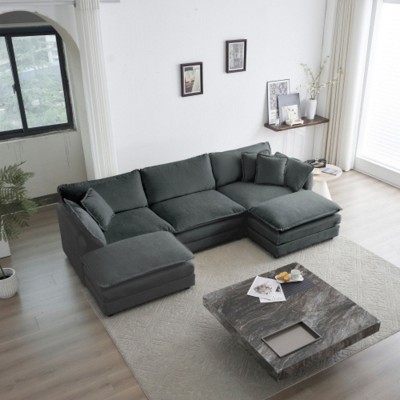U-Shaped Sectional Sofa with Reversible Footrest, 5-Seater Convertible Corner Couch Accompanied by 2 Ottomans