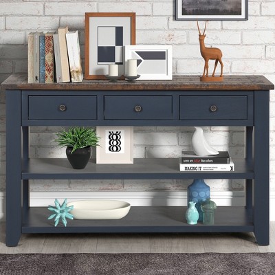 ORRD 48" Solid Pine Wood Console Table with 3 Drawers & 2 Shelves - Modern Vintage Entryway Sofa Table for Living Room & Hallway（Retro Blue）