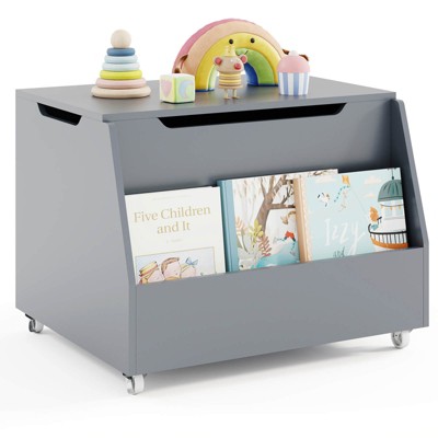 Costway Kids Toy Box Wooden Mobile Toy Storage Organizer with Bookshelf & Lockable Wheels White/Gray