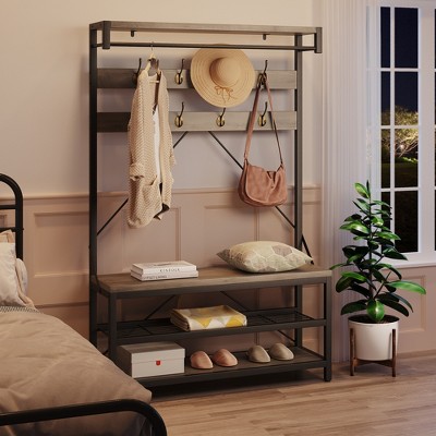Coat Rack, Hall tree, Shoe Bench, 5-in-1 Shoe Rack for Entryway, Industrial Accent Furniture with Steel Frame, Multifunctional Hallway Organizer