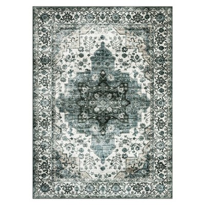 Washable Vintage Rug Non Slip Low Pile Rug Soft Throw Floor Cover Floral Foldable Indoor Carpet for Living Room Bedroom Playroom Nursery