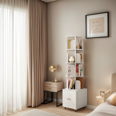 LIVAREEmlen 360 Degree Display 5 Tier Corner Bookshelf with Drawer, Floor Standing Bookcase Storage Rack, for Bedroom, Living Room (WHITE)