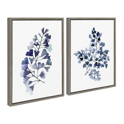 Kate and Laurel Sylvie Botanical Split Fern Indigo and Botanical Maiden Indigo Framed Canvas by Sara Berrenson, 2 Piece 18x24, Gray