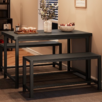 Dining Table Set for 4, Kitchen Table with 2 Metal Wood Benches, Rectangular Room Dining Table Set, for Small Space, Apartment, Studio