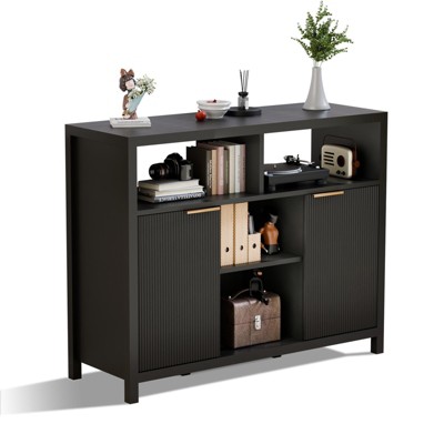 GlasFlength Decorative Storage Cabinets, Rounded Corner Striped Kitchen Storage Cabinet Sideboard Buffet Cupboard