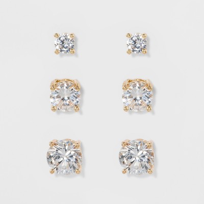 Crystal Round Stud Earring Set 3pc - A New Day™ Gold: Nickel-Free Metal, Post Closure