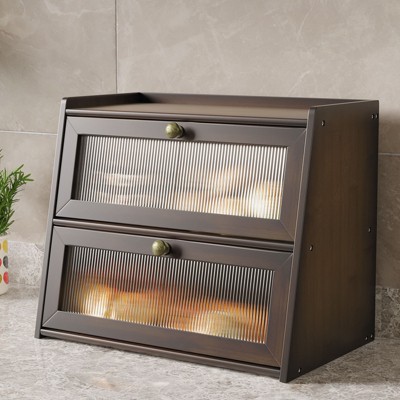Double Bread Box, Bamboo Kitchen Countertop Organizer, Large Capacity Bread Rack With Window