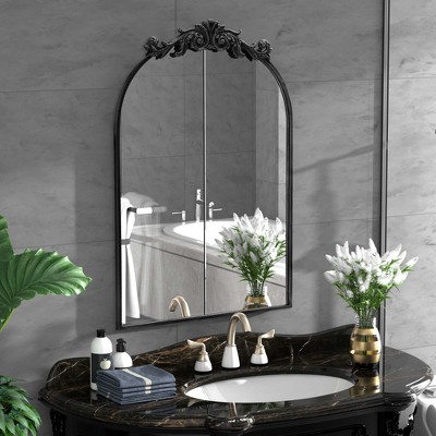 PAIHOME Vintage Arched Wall Mirror for Bathroom, Black Antique Mirror with Top Carving, Halloween Decorative Wall Mirror, 24×36 inch