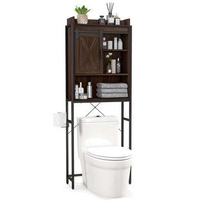 Costway Over-The-Toilet Storage Cabinet Bathroom Organizer w/ Sliding Barn Door Rustic Brown/Espresso/Grey