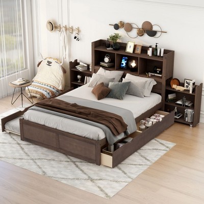 NicBex Full Bed Modern Wooden Bed Frame with Twin Size Trundle, Drawers and Pull Out Storage Headboards for Bedroom, No Box Spring Required, Espresso
