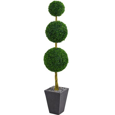 Nearly Natural 6-ft Boxwood Triple Ball Topiary Artificial Tree in Slate Planter UV Resistant (Indoor/Outdoor)
