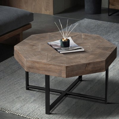 Wood Octagonal Vintage Patchwork Craft Farmhouse, 30 Inch Wooden Table Top Cross Metal Legs Coffee Table, for Living Room
