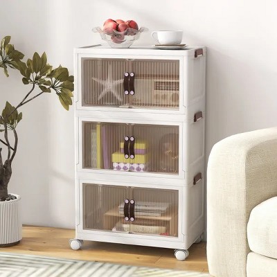 Racxily 3-Tier Foldable Storage Bins with Doors, 360¡ã Rotatable Wheels Collapsible Stackable Closet Organizer Containers
