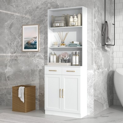 TIRAMISUBEST Bathroom Storage Cabinet with Adjustable Shelf, Bathroom Floor Cabinet with 2 Doors, 2 Storage Drawers and Three-layer Open Shelf