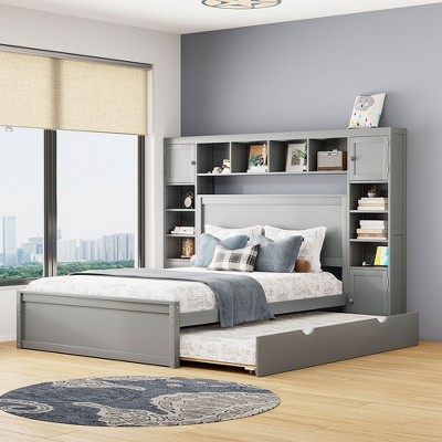 NicBex Full Size Wooden Storage Bed, Modern Platform Bed Frame with Twin Size Trundle, Shelves, Sockets and Cabinets for Bedroom