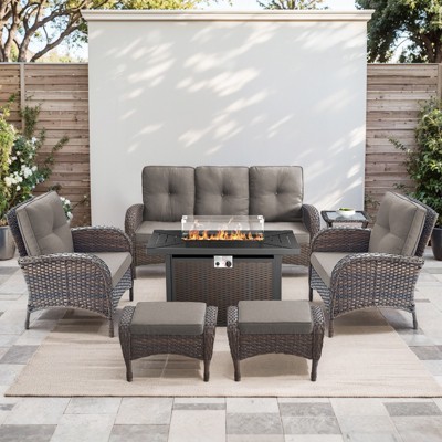 Buenhomino 5PCS Outdoor Patio Furniture Set with Fire Pit,PE Wicker Patio Conversation Sets, 43" 50000BTU Gas Propane Fire Pit Table,Wicker Chairs Set