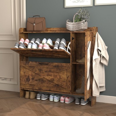 MOEPISY Shoe Storage Cabinet with 2 Flip Drawers, Freestanding Organizer with Metal Legs for Entryway, Rustic Brown