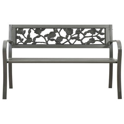 vidaXL Patio Bench, 49.2-Inch, Vintage Style, Weather-Resistant, Powder-Coated Steel, Gray, with Decorative Rose-Patterned Backrest