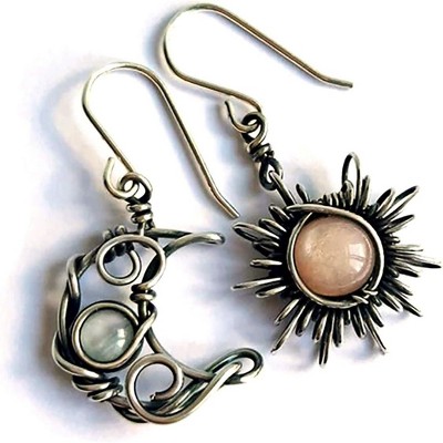 Boho Opal Sun and Moon Drop Dangle Earrings Moonstone Natural Stone Hook Bohemian for Women Asymmetrical Antiqued Silver Celestial Jewelry-Opal Red