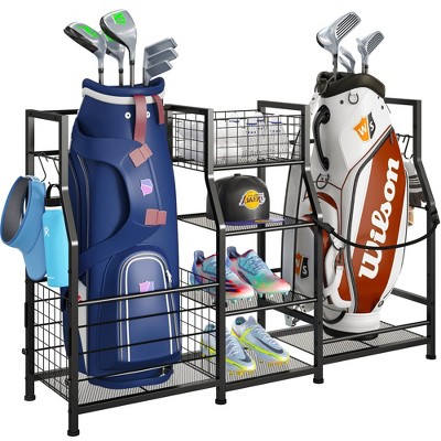 Sports Equipment Organizer Golf Bag Organizer Outdoor Toy Storage Golf Ball Storage Rack for Garage with Basket and Hooks