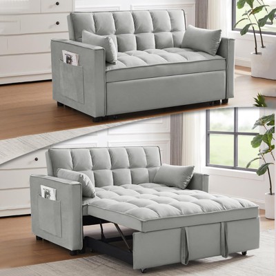 TIRAMISUBEST 3-in-1 Convertible Sleeper Sofa Bed, Velvet Futon Couch with Adjustable Backrest, Side Pocket & Pull-Out Function for Living Room