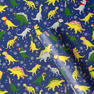 30" 125 sq ft Christmas Roll Wrap Dinosaurs on Blue - Wondershop™