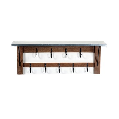 Millwork Double Row Hook Shelf Wood and Zinc Metal Silver/Light Amber - Alaterre Furniture: Mango Wood, 9-Hook Storage Rack