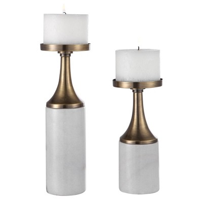 Uttermost Castiel Marble Candleholders Set of 2 with Antique Brass Finish & White Marble, S-5×10×5, L-5×13×5