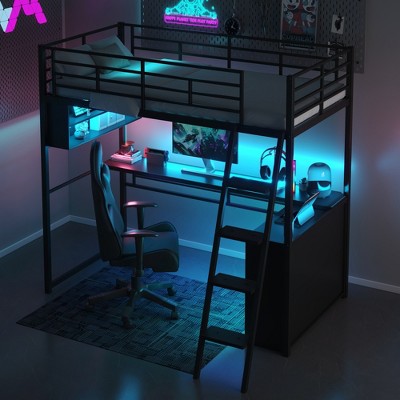 Whisen Metal Full Size Loft Bed with LED, Desk and 4 Storage Shelves