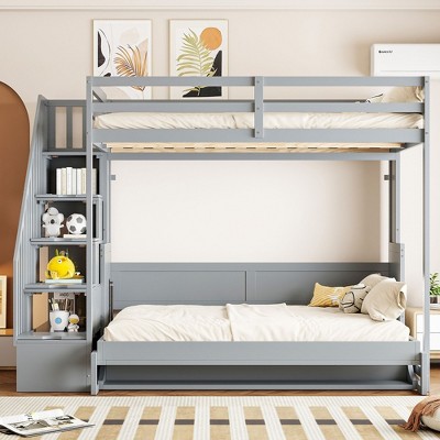 YOOCOZZ Full Over Full Size Murphy Bed with Hidden Desk, Hydraulic Lift and Staircase Storage