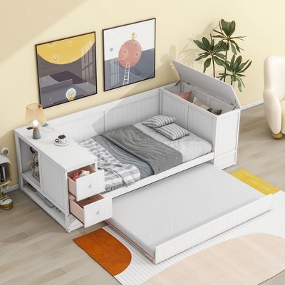 NicBex Twin Size Daybed 110" L Modern Wooden Bed Frame with Trundle, Storage Space and Ports for Bedroom, Living Room, No Box Spring Required