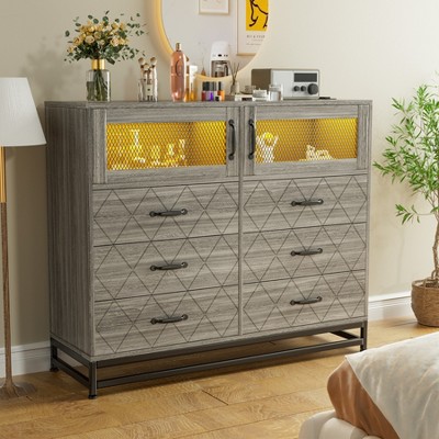Modern Dresser for Bedroom with 6 Drawers & 2-Door Storage Cabinet – Multi-Functional TV Stand with LED Lights & Charging Station