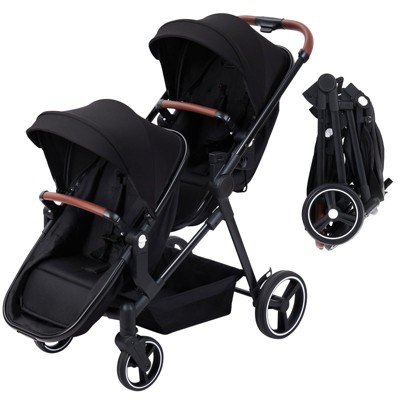 Double Stroller for Infants and Toddlers, Foldable Tandem Stroller, Reversible Pushchair Bassinet Pram with Large Storage Basket