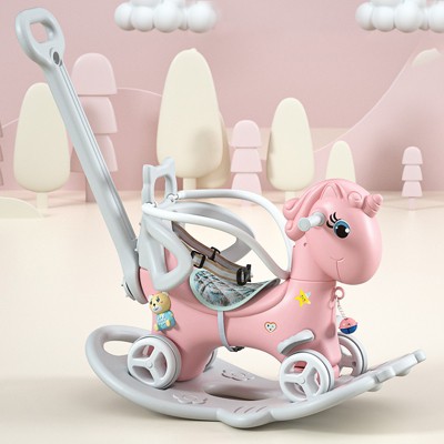 Lirago Pink Unicorn Rocking Horse Stroller 4-in-1 Ride On Toy with Push Handle Balance Bike and Board Gift for 1-3 Year Old Baby